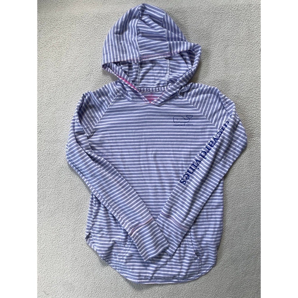 Vineyard Vines Girls XL Hoodie Blue Striped Long Sleeve Whale Logo Tee Coastal